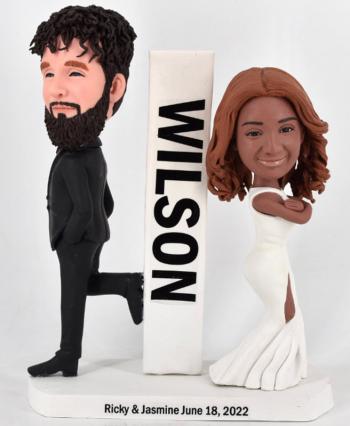 Custom bobbleheads wedding cake topper Mr and Ms smith