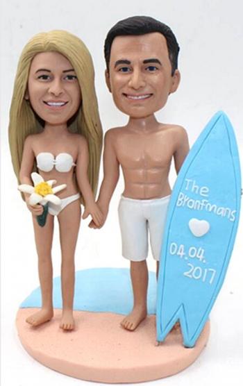 Custom bobbleheads surfing couple walking on beach anniversary