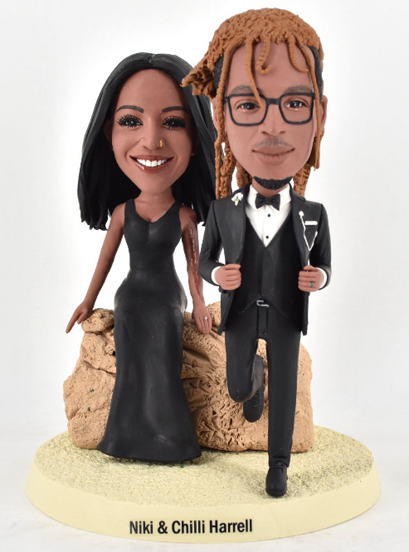 Custom bobbleheads African couple leaning on rocks anniversary bobbleheads - Click Image to Close